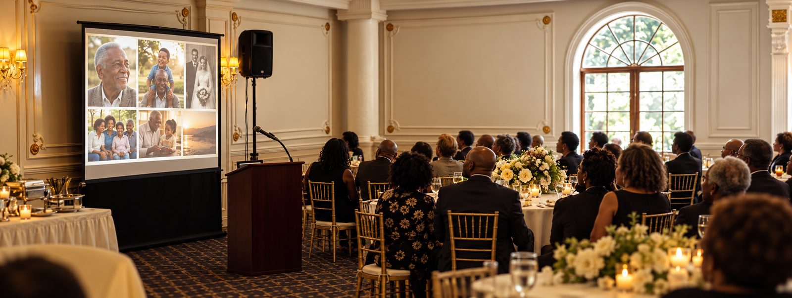 Family gathered around a projector screen showing memorial photos at a repast reception